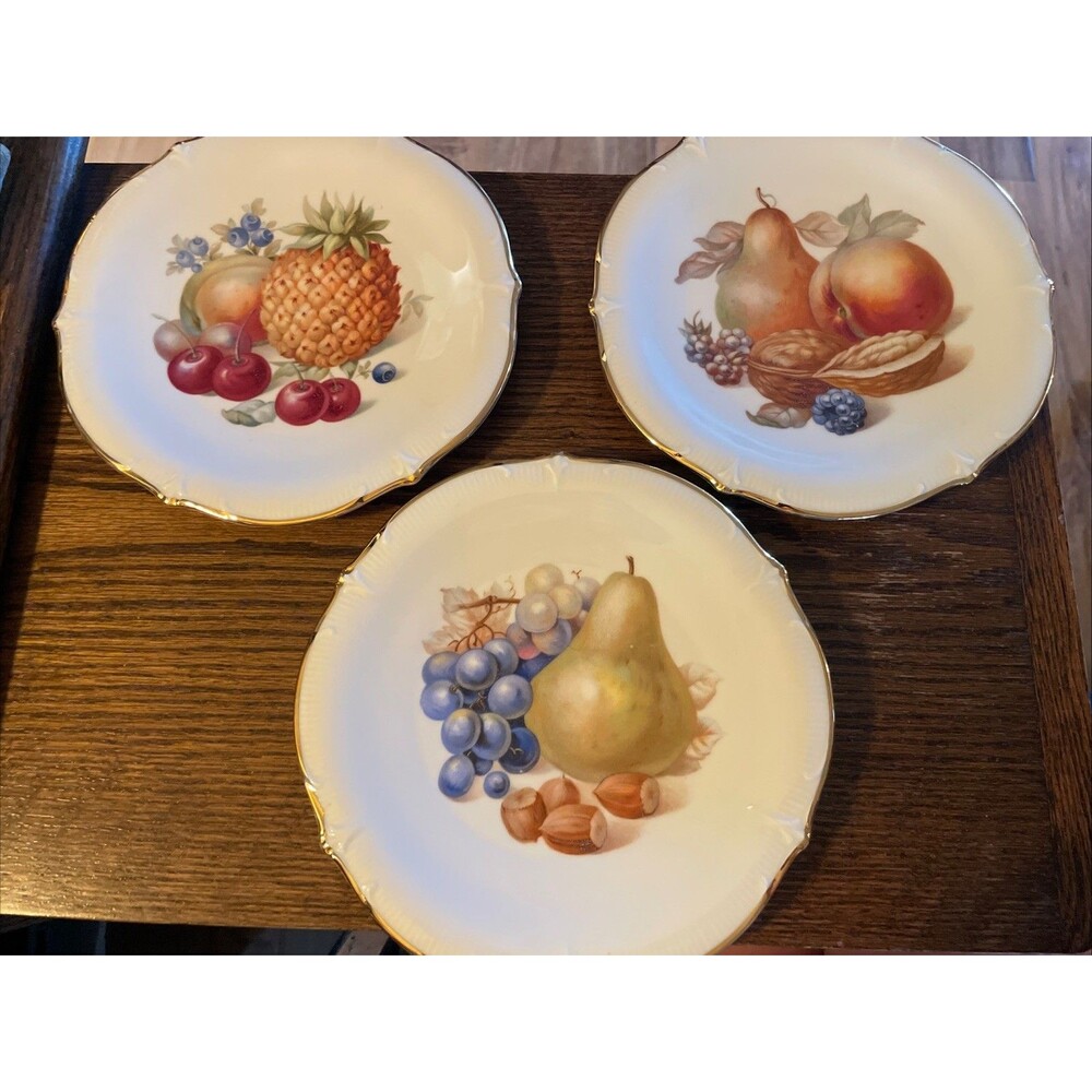 Schumann Arzberg Germany Fruits Pattern Gold Trim Porcelain Plates Set Of 3